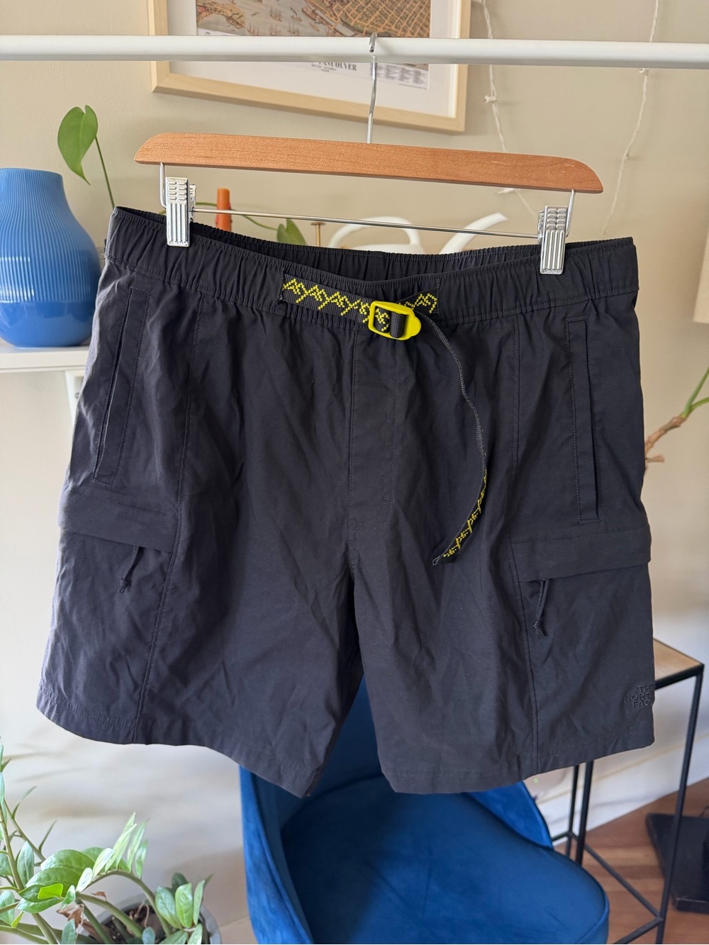 The North Face Men's Black Cargo Shorts with Yellow Belt